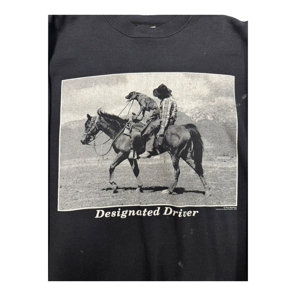 Hanes Sweatshirt Mens L Black Designated Driver Cowboy Horse Graphic Distressed - Picture 9 of 9